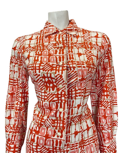 VINTAGE 60s 70s ORANGE PINK WHITE GEOMETRIC CHECKED DAGGER SHIRT DRESS 10