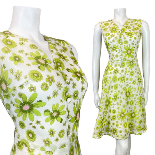 VINTAGE 60s 70s GREEN WHITE PINK FLORAL DAISY MOD SLEEVELESS SWING DRESS 8 10