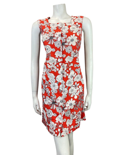 VINTAGE 60s 70s RED WHITE BLACK FLORAL MOD SLEEVELESS A-LINE SHIFT DRESS 12