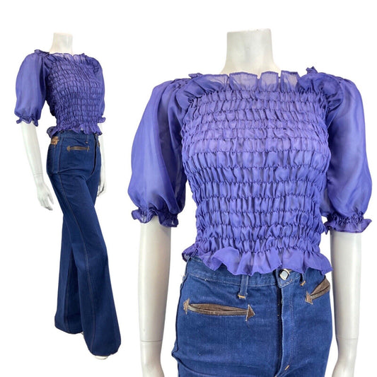 VINTAGE 60s 70s VIOLET PURPLE SHEER SHIRRED BOHO MOD BLOUSE TOP 8 10