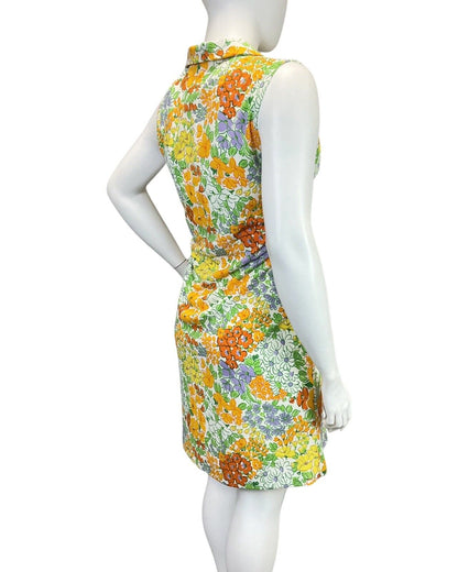 VINTAGE 60s 70s WHITE YELLOW ORANGE FLORAL SLEEVELESS DAGGER SHIRT DRESS 16 18