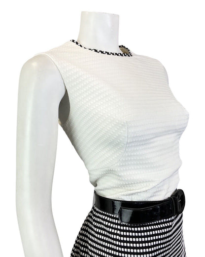 VINTAGE 60s 70s WHITE BLACK CHECKERBOARD BELTED MOD SLEEVELESS DRESS 12