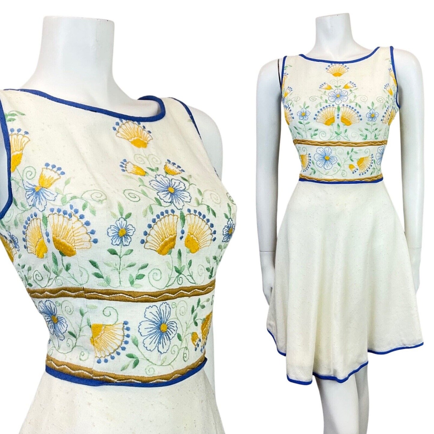 VINTAGE 60s 70s CREAM BLUE YELLOW FLORAL EMBROIDERED SLEEVELESS DRESS 10