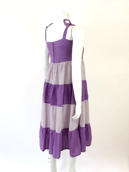 VINTAGE 60s 70s PURPLE WHITE POLKA-DOT TIERED STRAPPY BOHO TENT SUN DRESS 8 10