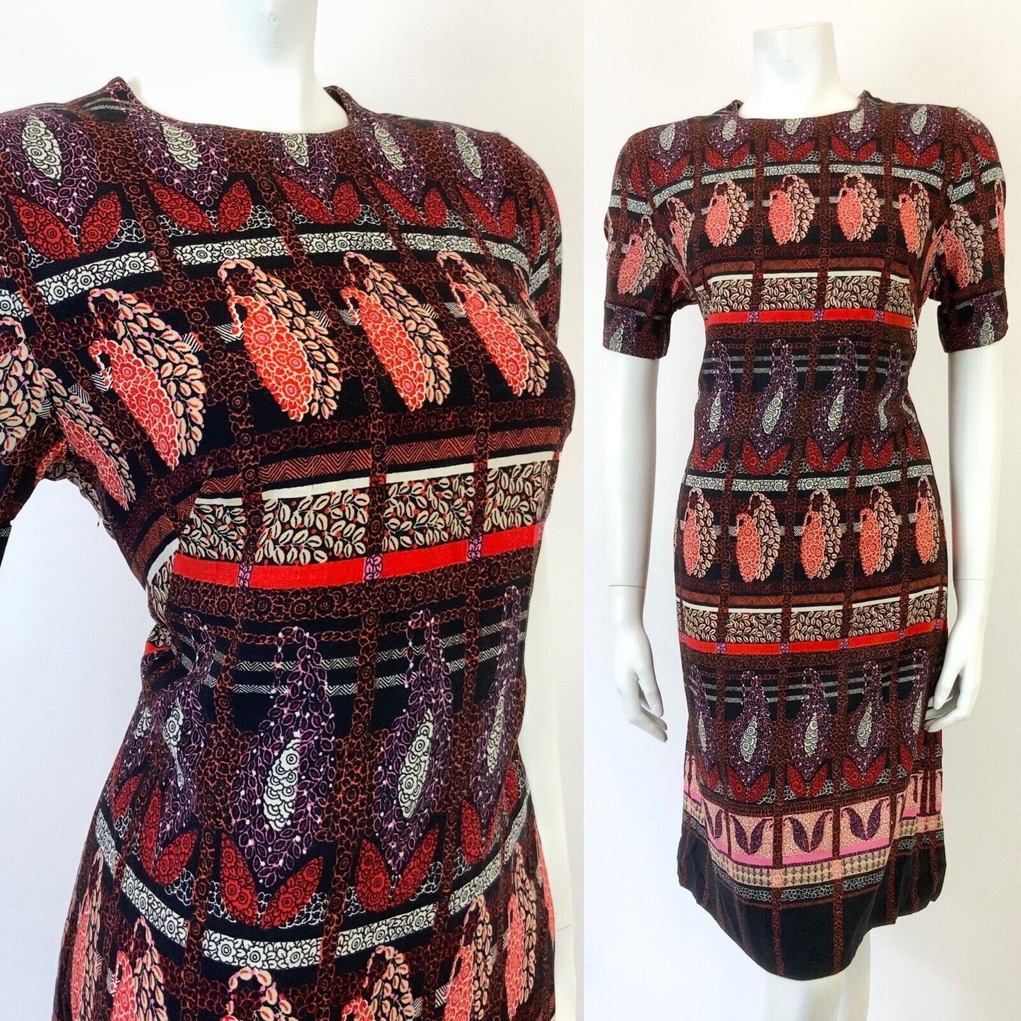VINTAGE 60s 70s BLACK RED PINK CHECKED FLORAL LEAFY PAISLEY SWING DRESS 14 16