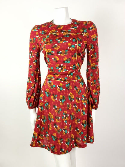 VINTAGE 60s 70s RED YELLOW BLUE FLORAL DITSY MOD PUFF SLEEVE MINI DRESS 8 10