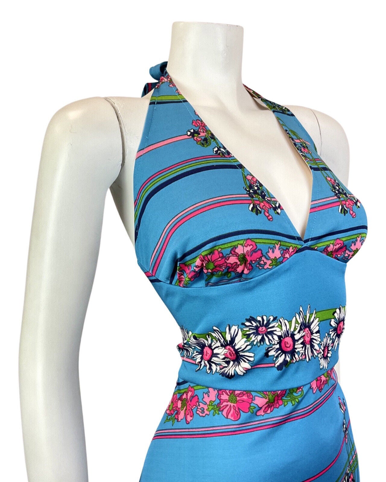 VINTAGE 60s 70s BLUE PINK WHITE FLORAL DAISY STRIPED SUMMER HALTER DRESS 12 14