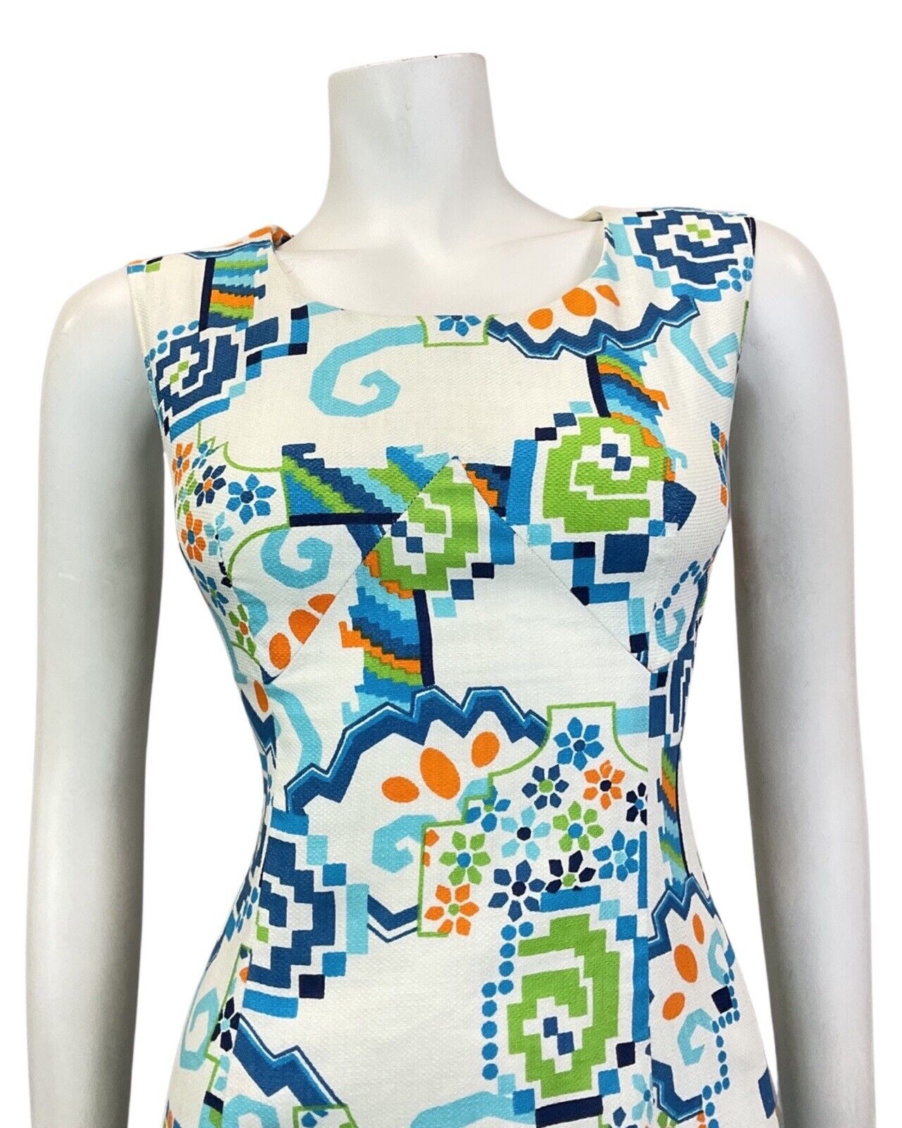 VINTAGE 60s 70s WHITE BLUE ORANGE GEOMETRIC FLORAL MOD SUMMER SUN DRESS 8 10