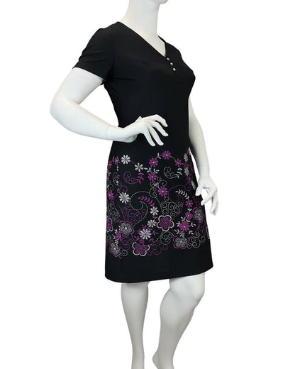 VINTAGE 60s 70s BLACK SILVER PURPLE SWIRLING FLOWER EMBROIDERED MOD DRESS 16