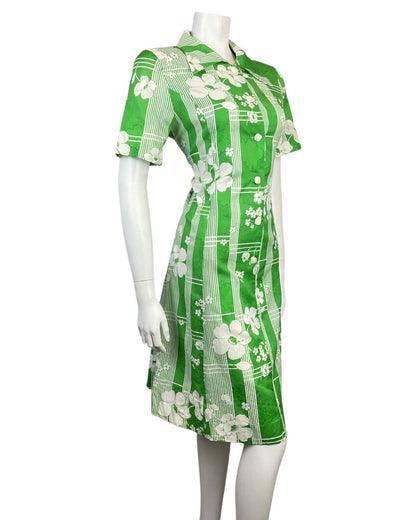 VINTAGE 70s APPLE GREEN WHITE STRIPED FLORAL MOD DAGGER SHIRT DRESS 12 14