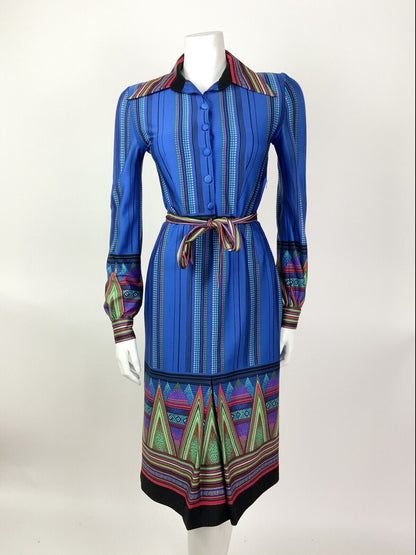 VTG 60s 70s BLUE GREEN PINK DOTTY STRIPED AZTEC BELTED DAGGER SHIRT DRESS 8 10