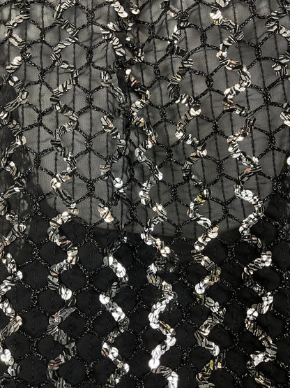 VINTAGE 70s 80s BLACK SILVER ZIG-ZAG SEQUIN STRAPPY DISCO STUDIO 54 TOP 8 10