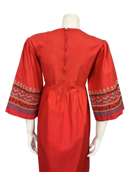 VTG 60S 70S RED BLACK YELLOW HIPPY BOHO CROSS STITCH EMBROIDERED SMOCK DRESS 10