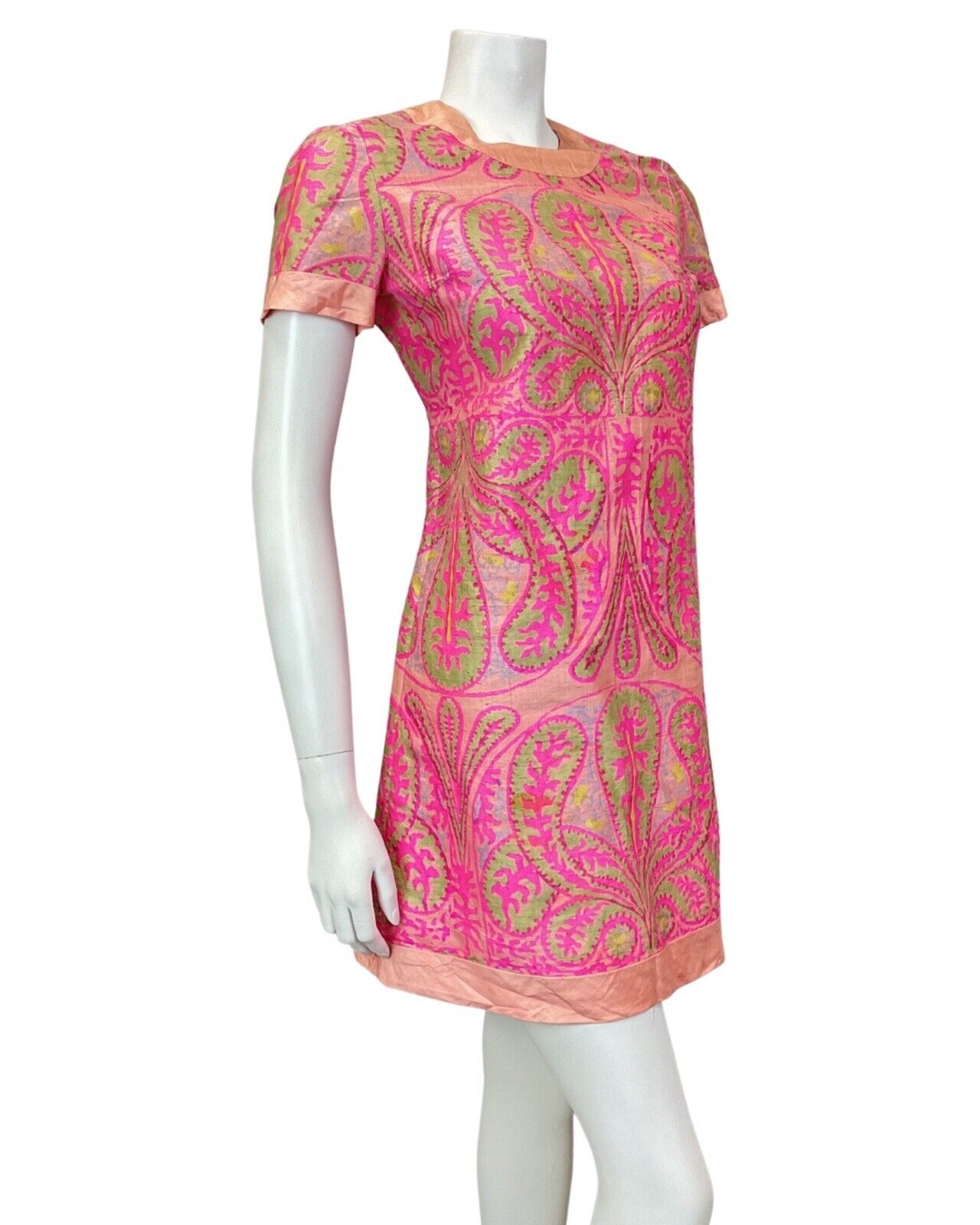 VINTAGE 60s 70s PINK PEACH LILAC GREEN PAISLEY MOD SHIFT DRESS 8 10
