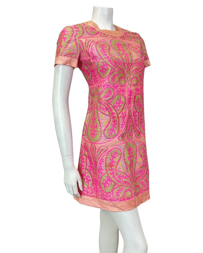 VINTAGE 60s 70s PINK PEACH LILAC GREEN PAISLEY MOD SHIFT DRESS 8 10