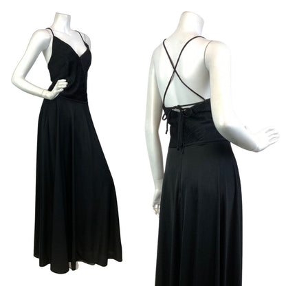 VINTAGE 60s 70s BLACK PLUNGING PLEATED SPAGHETTI-STRAP ELEGANT MAXI DRESS 10 12