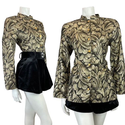 VINTAGE 60s 70s GOLD BLACK PSYCHEDELIC MANDARIN COLLAR STUDIO 54 LUREX SHIRT 14