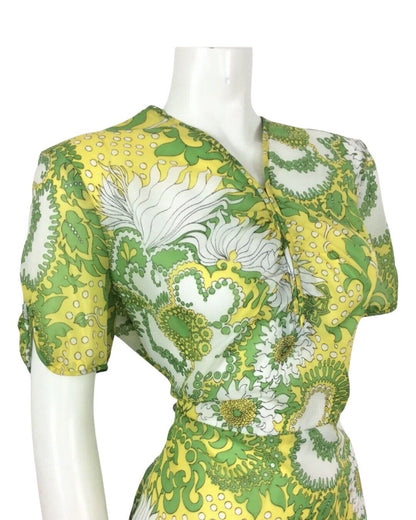 PSYCHEDELIC 70S VINTAGE YELLOW GREEN WHITE FLORAL DRESS 14