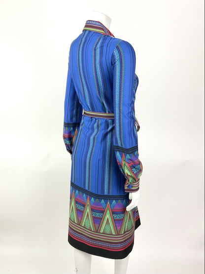 VTG 60s 70s BLUE GREEN PINK DOTTY STRIPED AZTEC BELTED DAGGER SHIRT DRESS 8 10