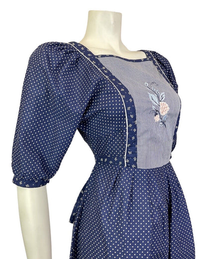 VINTAGE 70s BLUE WHITE PINK POLKA-DOT FLORAL EMBROIDERED BOHO PRAIRIE DRESS 8