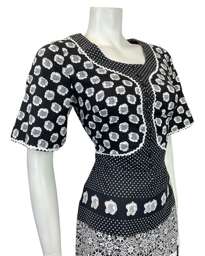 VINTAGE 60s 70s BLACK WHITE FLORAL POLKA-DOT RICRAC MOD RUFFLE DRESS 10