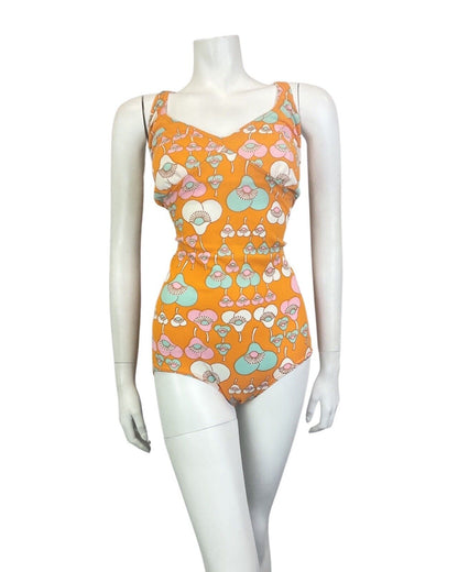 VINTAGE 60s 70s ORANGE PINK BLUE FLORAL MOD STRAPPY SWIMSUIT BODYSUIT 14 16