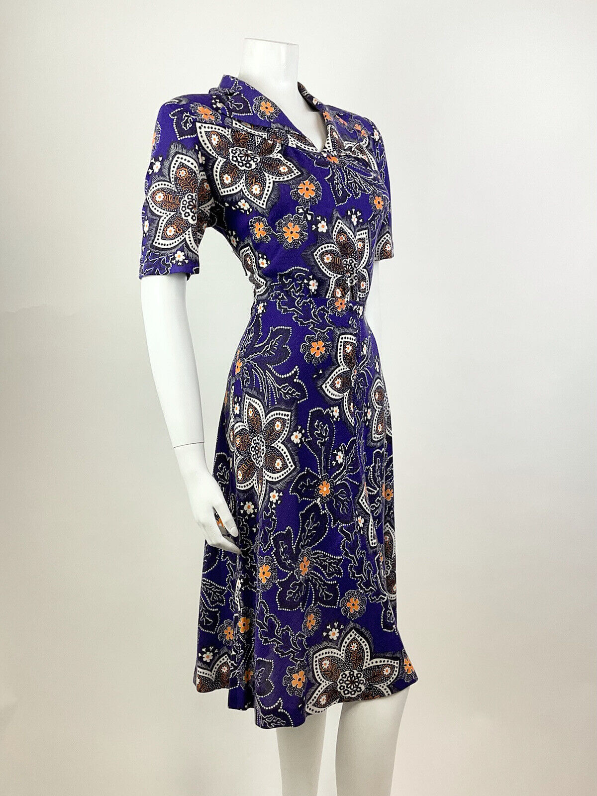 VINTAGE 60s 70s PURPLE WHITE ORANGE PSYCHEDELIC FLORAL DOTTY SHIRT DRESS 12