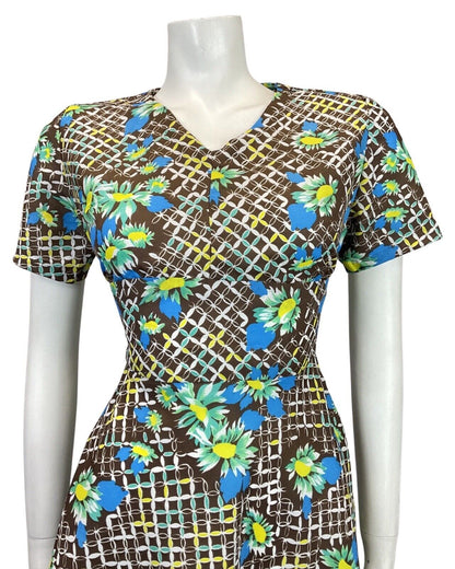 VINTAGE 60s 70s BROWN BLUE WHITE GRID CHECKED FLORAL MOD SWING DRESS 10 12