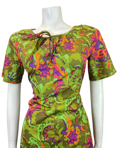 VINTAGE 60s 70s GREEN PURPLE ORANGE PSYCHEDELIC FLORAL SUMMER DRESS 12