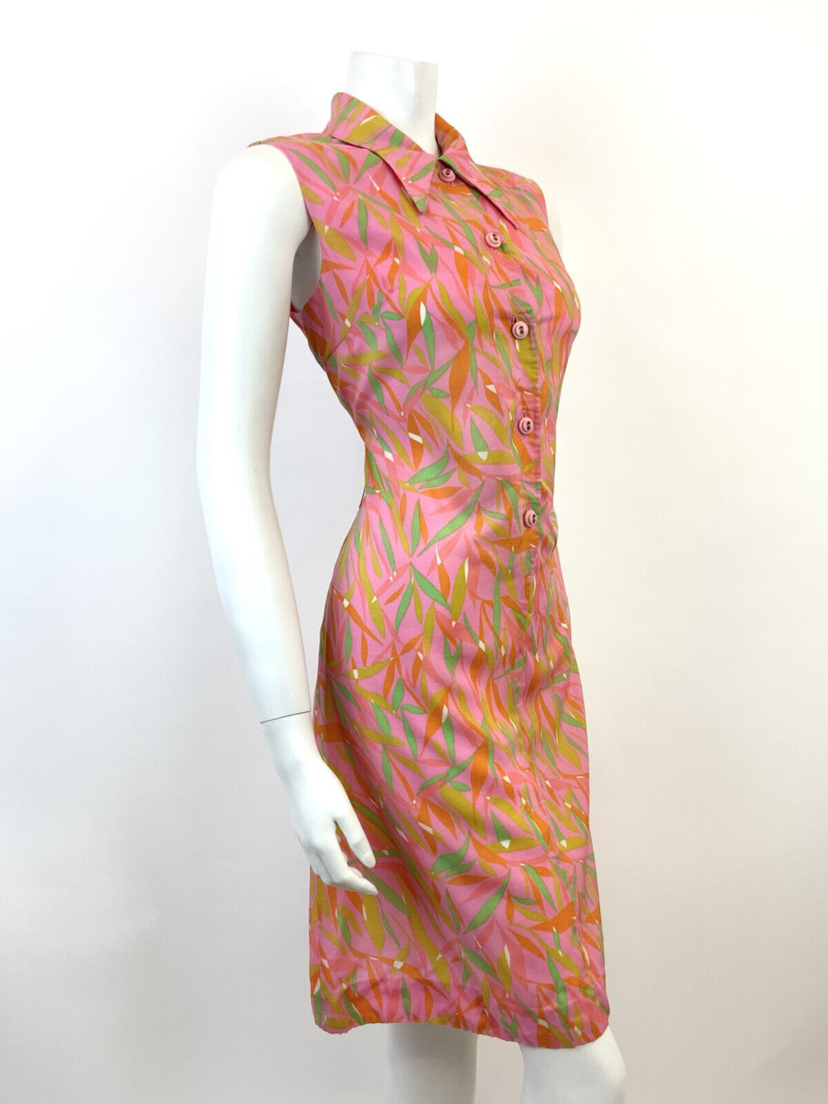 VTG 60s 70s PINK GREEN ORANGE PSYCHEDELIC LEAFY DAGGER SHIRT SHIFT DRESS 10 12