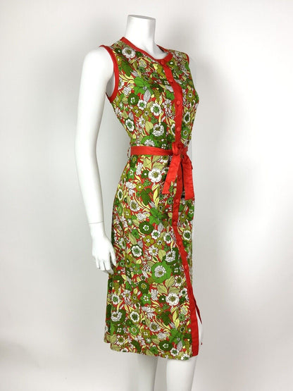 VTG 60s 70s GREEN RED WHITE PSYCHEDELIC FLORAL BELTED SLEEVELESS MOD DRESS 10 12