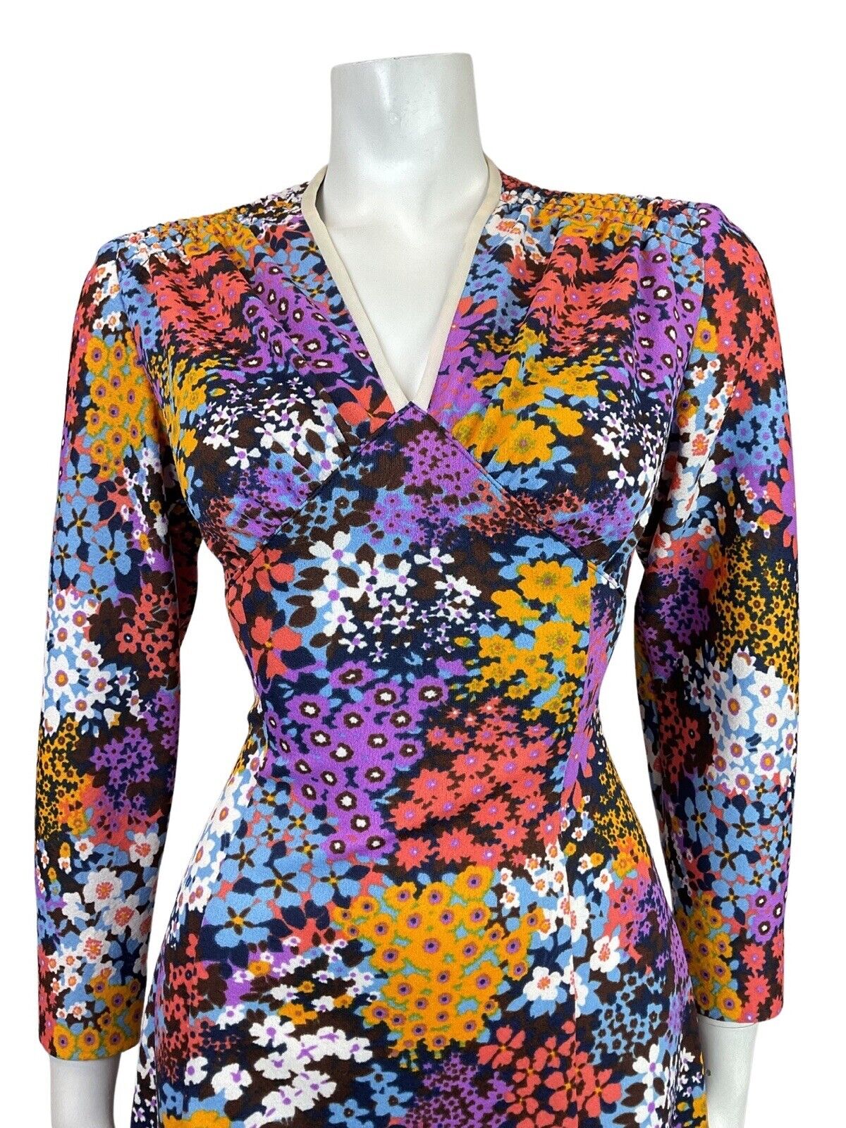 VINTAGE 60s 70s BLUE PURPLE PINK PSYCHEDELIC FLORAL DITSY FITTED DRESS 10 12