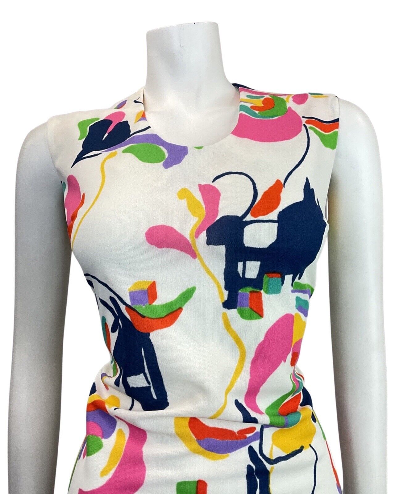 VINTAGE 60s 70s WHITE BLUE PINK GREEN ABSTRACT SLEEVELESS MOD DRESS 14 16