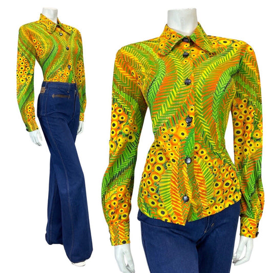 VINTAGE 60s 70s YELLOW GREEN PSYCHEDELIC DOTTY BEAGLE COLLAR MOD SHIRT 12 14