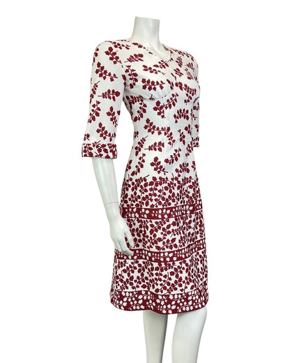VINTAGE 60s 70s WHITE WINE RED BRANCH LEAFY FLORAL KNEE-LENGTH DRESS 8
