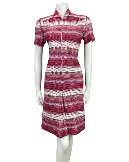 VINTAGE 60s 70s PURPLE GEOMETRIC STRIPED ZIG-ZAG DOTTY ZIP-UP MOD SHIRT DRESS 12