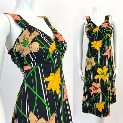 VTG 60s 70s BLACK WHITE YELLOW PEACH STRIPED FLORAL LILY SUMMER SUNDRESS 8 10