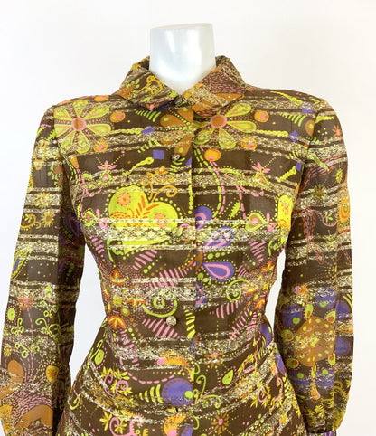 VTG 60s 70s BROWN PINK GREEN GOLD PSYCHEDELIC FLORAL STRIPED DAGGER SHIRT 14 16