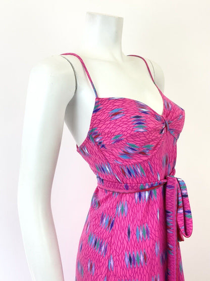 VTG 60s 70s BRIGHT PINK BLUE GREEN PSYCHEDELIC SWEETHEART STRAPPY SUNDRESS 8 10
