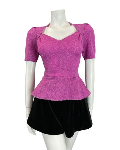 VINTAGE 60s 70s FUCHSIA PINK SILVER PARTY PEPLUM LUREX SWEETHEART BLOUSE 8 10