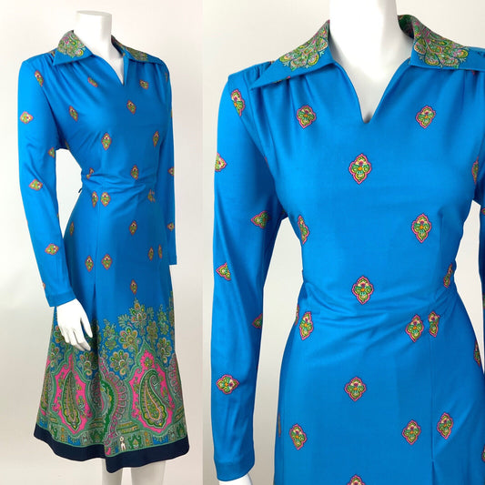 VTG 60s 70s BLUE PINK GREEN FLORAL PAISLEY INDIAN ETHNIC DAGGER COLLAR DRESS 16