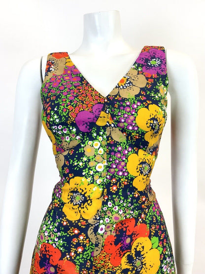 VINTAGE 60s 70s BLUE GREEN YELLOW RED FLORAL PSYCHEDELIC DOTTY SUMMER DRESS 8