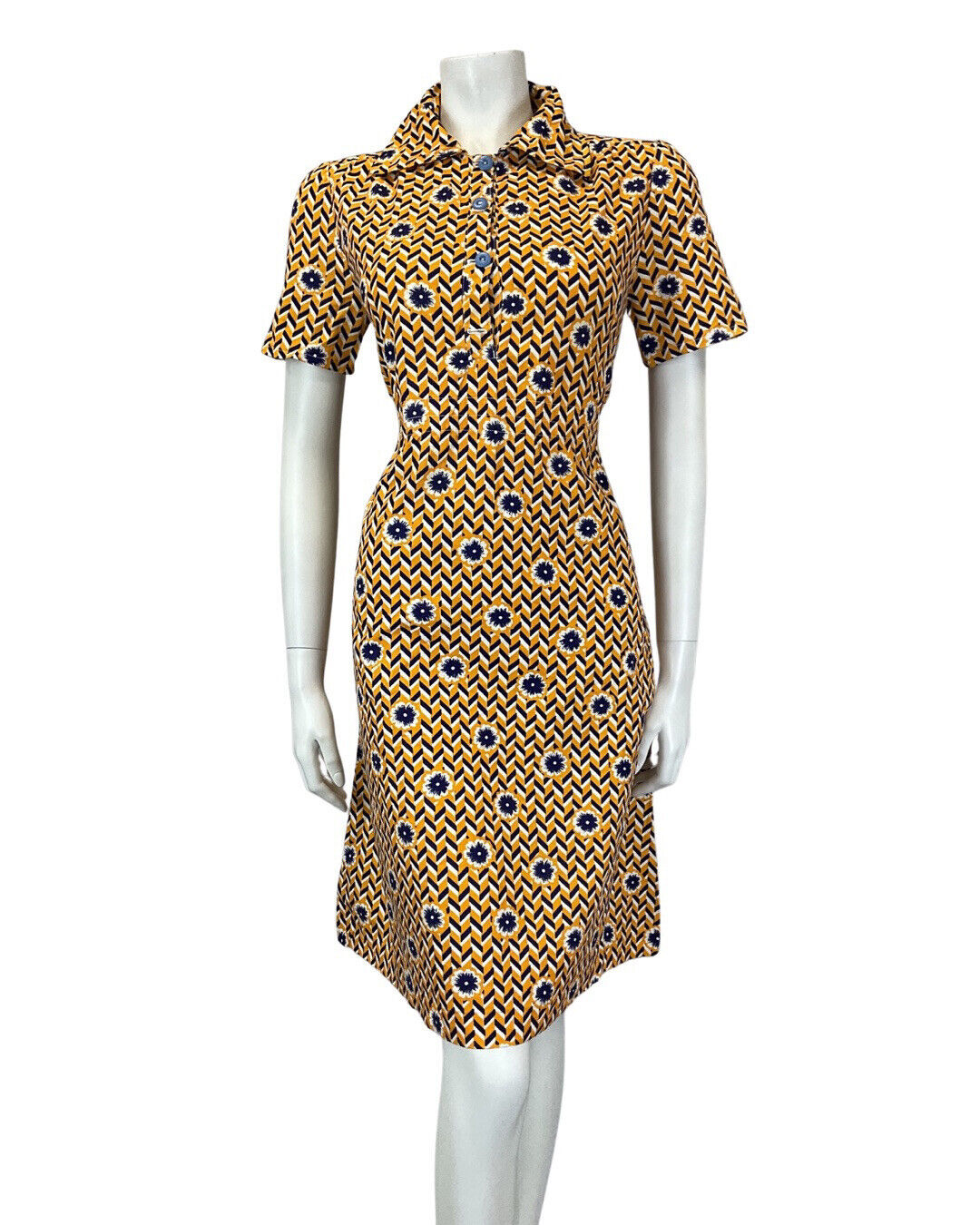 VINTAGE 60s 70s YELLOW BLUE WHITE CHEVRON FLORAL GEOMETRIC MOD SHIRT DRESS 10