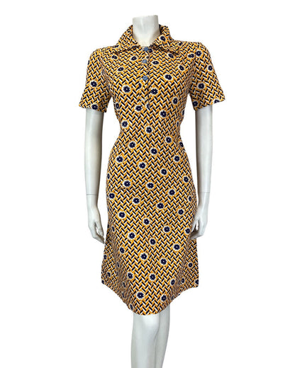 VINTAGE 60s 70s YELLOW BLUE WHITE CHEVRON FLORAL GEOMETRIC MOD SHIRT DRESS 10
