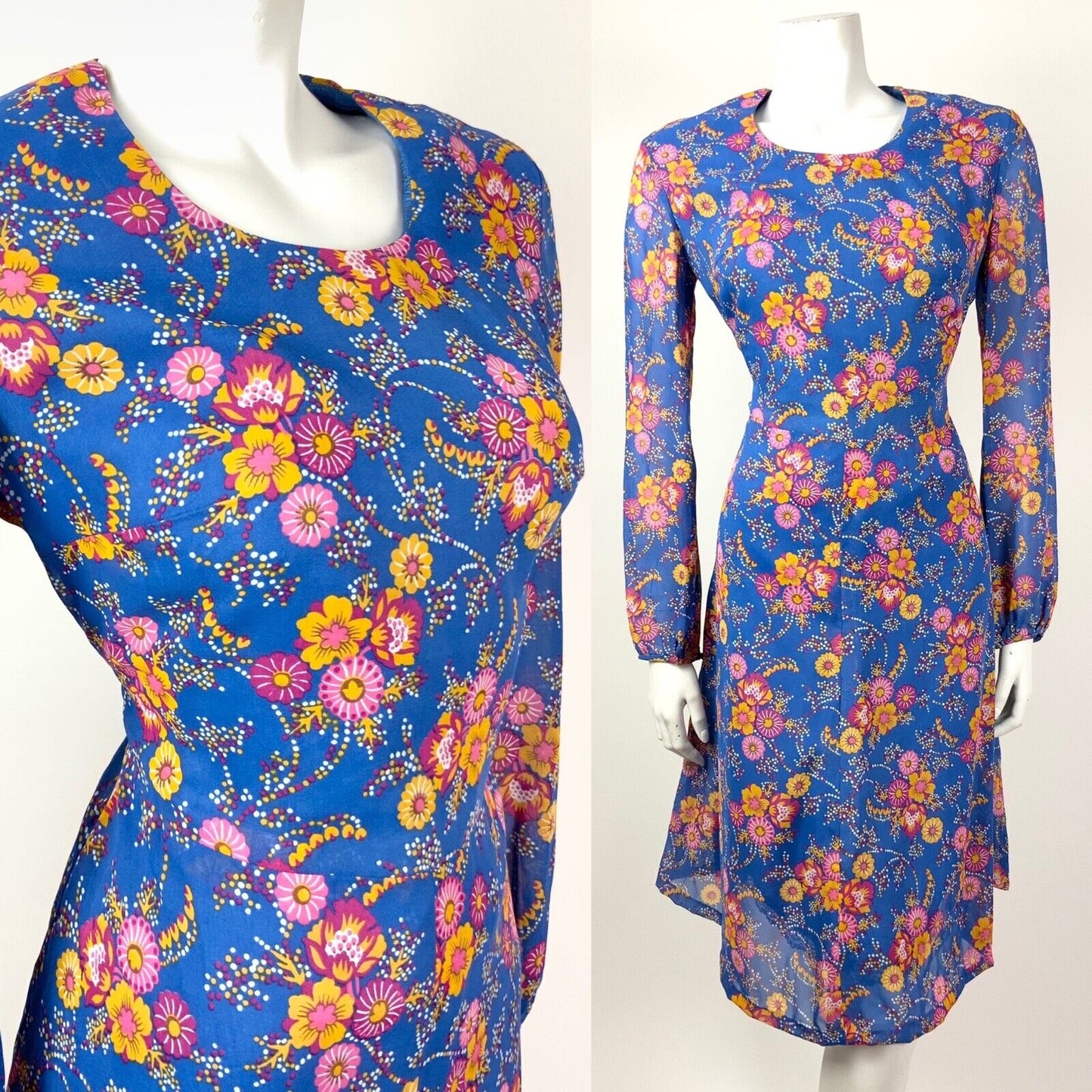 VINTAGE 60s 70s BRIGHT BLUE YELLOW PINK FLORAL DOTTY SHEER DRESS 12