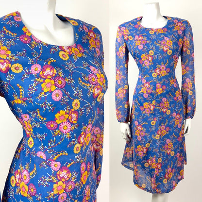 VINTAGE 60s 70s BRIGHT BLUE YELLOW PINK FLORAL DOTTY SHEER DRESS 12