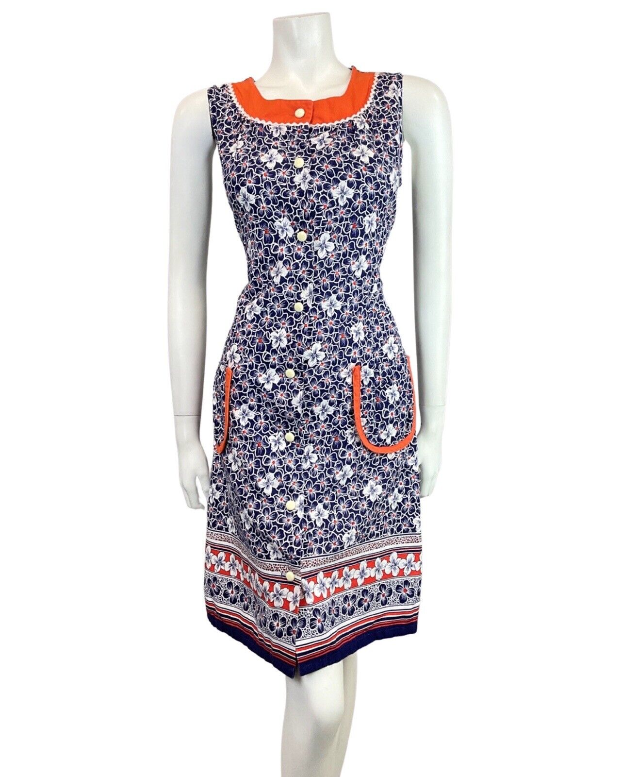 VINTAGE 60s 70s NAVY BLUE WHITE ORANGE RICRAC FLORAL SLEEVELESS MOD DRESS 10 12