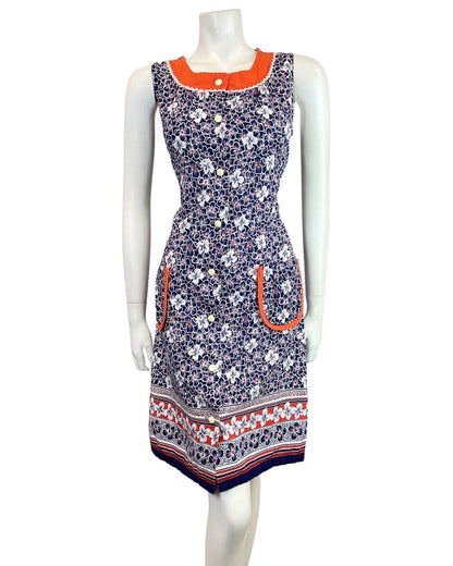 VINTAGE 60s 70s NAVY BLUE WHITE ORANGE RICRAC FLORAL SLEEVELESS MOD DRESS 10 12