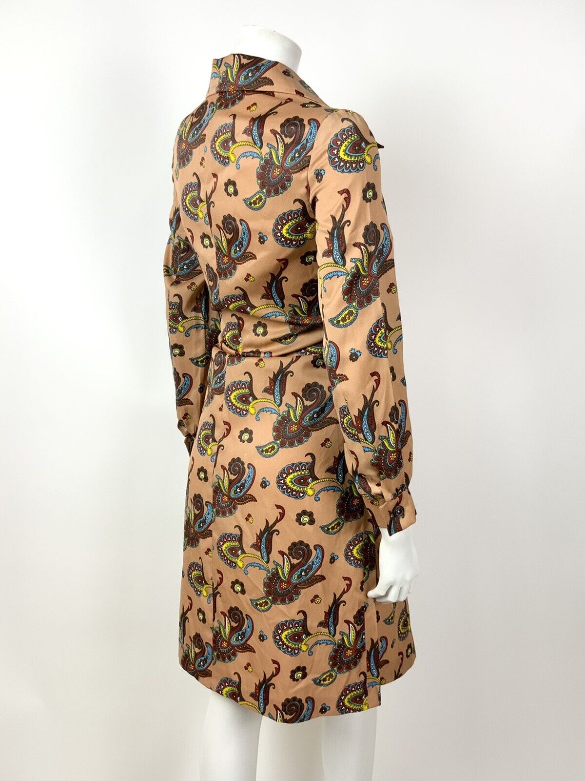 VINTAGE 60s 70s PEACH BLUE RED YELLOW FLORAL PAISLEY DAGGER SHIRT SHIFT DRESS 12