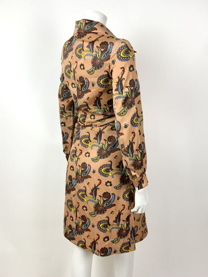 VINTAGE 60s 70s PEACH BLUE RED YELLOW FLORAL PAISLEY DAGGER SHIRT SHIFT DRESS 12